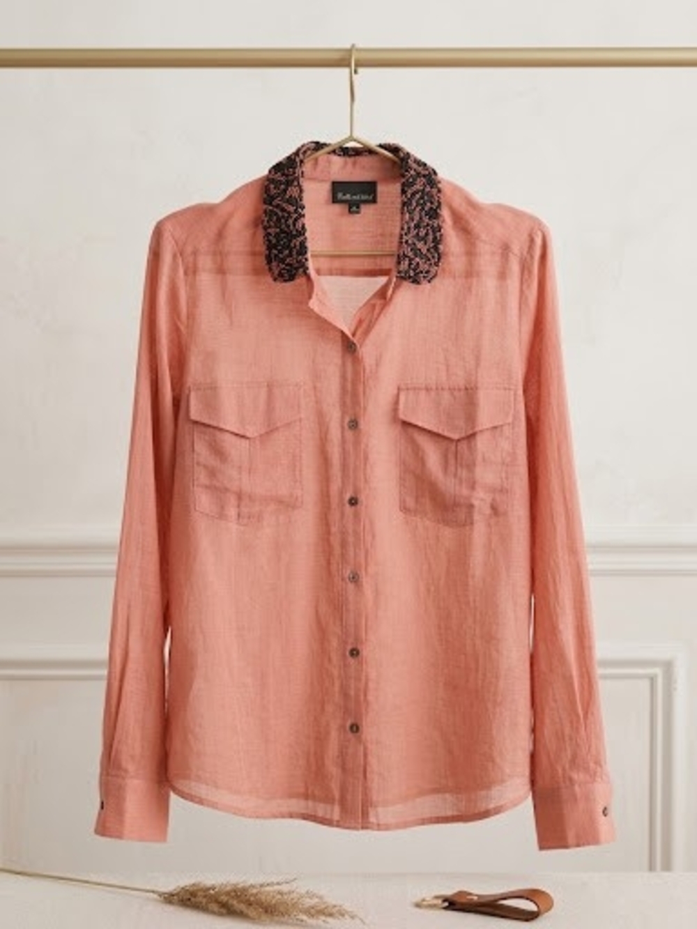 Masion Scotch Sheer Button Up Blouse With Embellished Collar